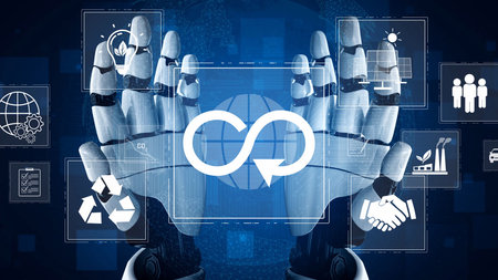 AI improves circular economy by tracking materials, optimizing energy use, reducing emissions, and promoting sustainable development through intelligent resource management.の写真素材