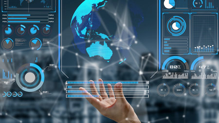 High-tech global network connection interface showing worldwide digital communication, data...