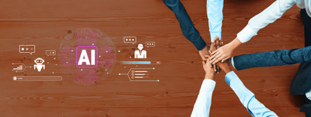 A diverse group of professionals joining hands symbolizes teamwork and collaboration in embracing AI...