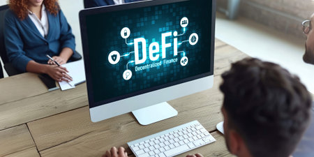 Decentralized finance or DeFi concept on brisk computer screen . The defi system give new choice of investment and money saving .の素材