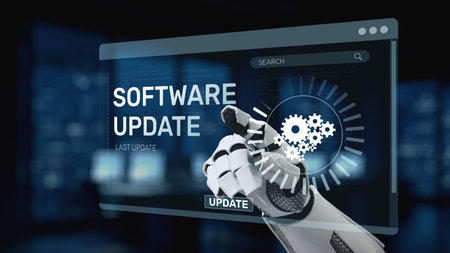 A robotic hand interacts with a high-tech software update interface, showcasing gears and metrics in a digital environment, emphasizing automation and innovation. Synapseの写真素材