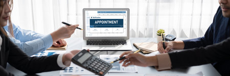 Business intelligence and data analysis concept. Analyst team working on financial data analysis dashboard on laptop screen as marketing indication for effective business strategic planning. Insightの写真素材