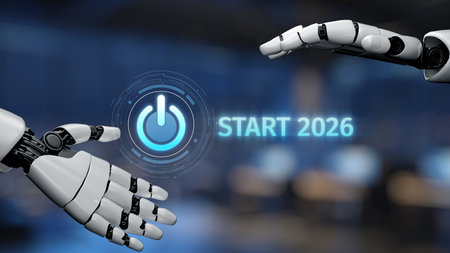 A striking visual depicting a robotic hand reaching out to connect with a glowing power symbol and...