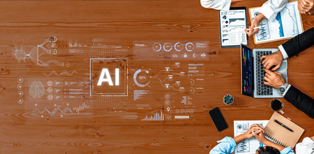 A futuristic AI dashboard for business intelligence. This platform showcases advanced data analytics, processing complex information into visual charts and graphs for strategic insights.の写真素材