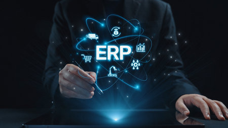 ERP platform visual showing centralized system for enterprise resource planning, improving integration, data flow, business efficiency, finance, inventory, and human resources.の写真素材