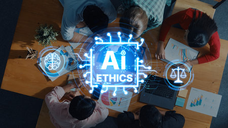 A diverse group of individuals engages in a collaborative discussion about AI ethics in a high-tech...