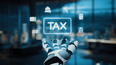 A robotic hand displays various digital icons associated with tax and finance, symbolizing the integration of technology and automation in financial services and analysis.の写真素材