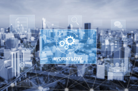 Workflow optimization concept featuring interconnected gears, task management, collaboration,...
