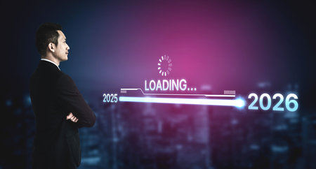 Visualizing the shift from 2025 to 2026. Progress bar symbolizing advancement, strategic foresight, yearly goal-setting, and business transformation for the upcoming year. Splineの写真素材