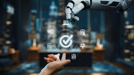 A futuristic robot hand reaches for digital icons in a sleek office, symbolizing the merging of technology and business innovation in a modern workspace.の写真素材