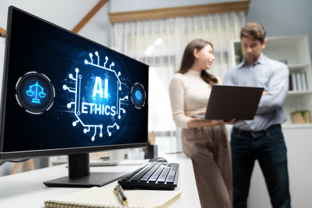 AI ethics responsibility standard law and rules on computer screen provide report of AI ethic transparency preventing technology crime. briskの写真素材