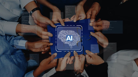 A diverse group of hands gathers around a blue folder featuring an AI symbol, representing collaboration and innovation in artificial intelligence technology development. Rasterの写真素材