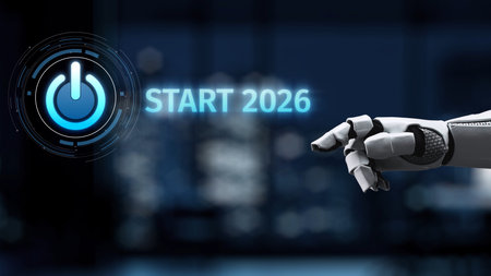 A sleek robotic hand is poised to press a glowing power button, symbolizing the launch of new...