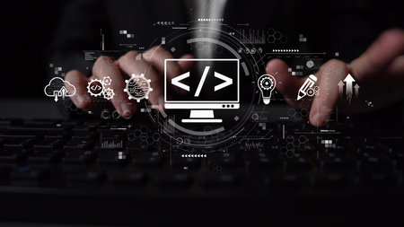 Modern web development concept featuring coding symbols, web development process, web development...