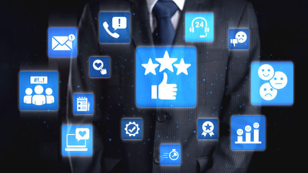 Customer experience review analysis, customer satisfaction improvement, feedback data evaluation, service quality enhancement, and business reputation through online review insights.の写真素材