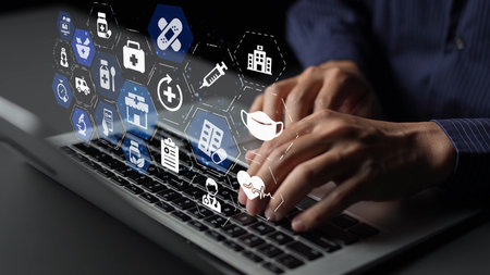 Online pharmacy icons showing medicine, healthcare, prescription and medical services with digital...