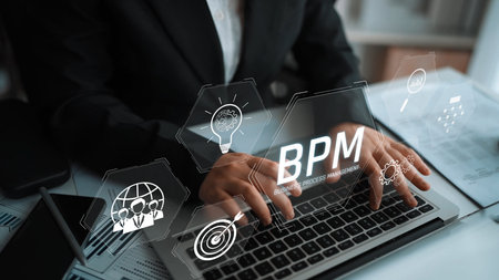 Business Process Management concept showing workflow analysis, process optimization, team collaboration, automation, and performance improvementの写真素材