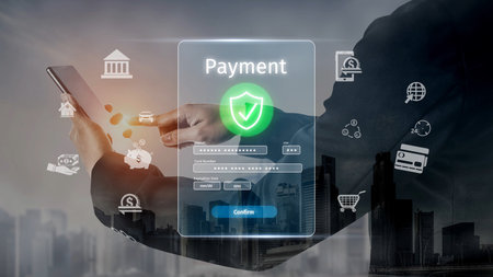 Secure online payment, safe e-commerce transactions, digital payment solutions, online financial security, and electronic payment systems ensuring smooth business continuity.の写真素材