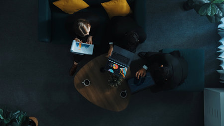 Top down view of aerial business people join meeting and explain project. Time lapse of team present marketing project to investors. Business woman hold chart and prepare presentation. Directorate.の写真素材