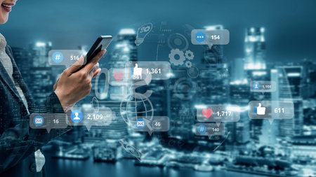 Social media marketing strategy with engagement metrics. Social marketing boosts media visibility. Social media marketing drives traffic. Social media marketing increases engagement.の写真素材