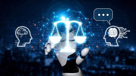 AI is transforming society, raising important ethics questions. Ethics in AI design ensures fairness. AI ethics promote responsible decisions. Balancing AI power with strong ethics is essential.の写真素材