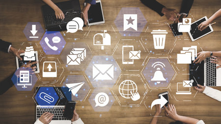 Email icons show digital communication, email service, and inbox management. Email supports online...