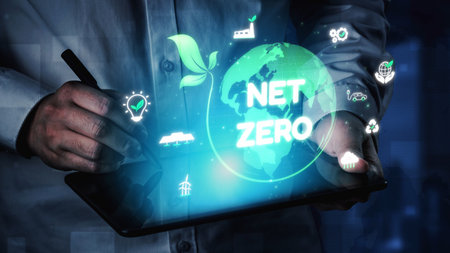 Net zero and sustainability concepts with environmental balance, digital sustainability icons, green energy goals, and eco-conscious digital business transformation for the future. Muxerの写真素材