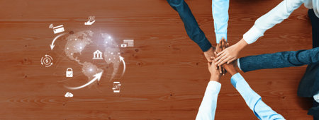 A diverse group of professionals collaborates on business strategies, symbolized by digital icons...