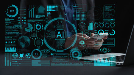 A business professional engages with advanced AI data visualizations on a laptop, surrounded by...