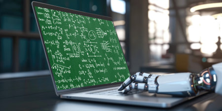 Mathematic equations and brisk formula on computer screen showing concept of science and educationの素材