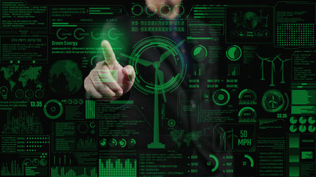 This image portrays a futuristic digital interface focused on green energy, showcasing metrics,...
