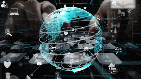 A captivating digital globe showcases interconnected technology and social media icons, symbolizing the essence of global connectivity in the modern world.の写真素材