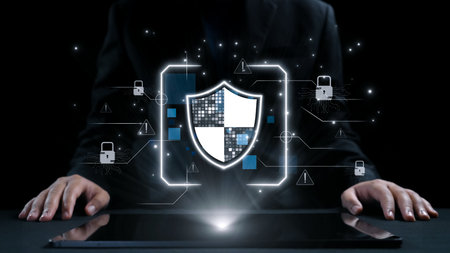A professional man in a black suit is engaged in cybersecurity, surrounded by digital elements. A...