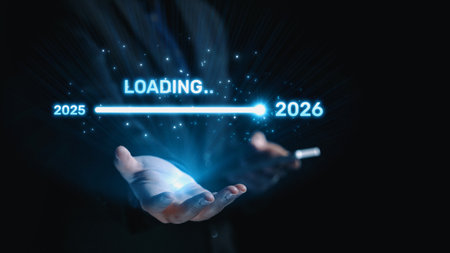Visualizing the shift from 2025 to 2026. Progress bar symbolizing advancement, strategic foresight, yearly goal-setting, and business transformation for the upcoming year. Elideの写真素材