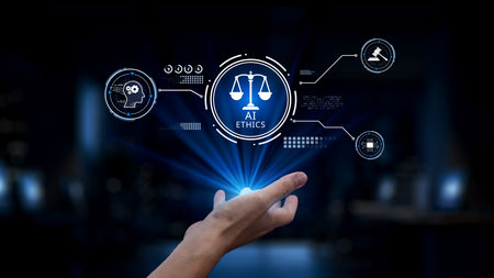 A hand reaches towards a glowing holographic display symbolizing AI ethics featuring scales of justice and a head icon, representing the intersection of technology and morality. Synapseの写真素材
