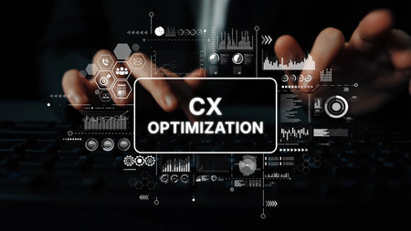Hands on Keyboard with Graphical User Interface Elements and Text Concept for Customer Experience Optimization. Asymptotic smart data analytic.の写真素材