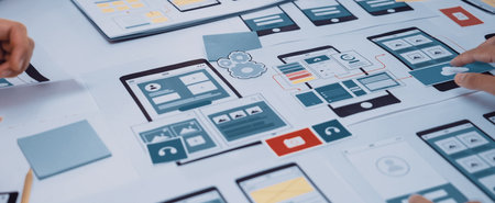 A vibrant workspace showcasing collaboration in digital design with hands interacting over smartphone mockups, notes, and sketches, embodying creativity and teamwork.の写真素材