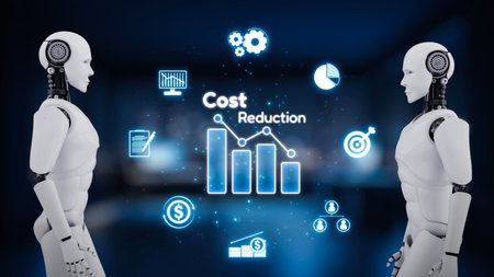 AI artificial intelligence drives cost-saving initiatives via process automation, virtual resource tracking, and intelligent systems for optimized financial performance.の写真素材