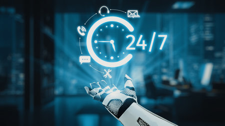 A futuristic robot hand demonstrates a glowing 24-hour availability icon, symbolizing constant...
