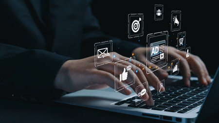 Online ads and digital marketing help brands grow. Content marketing builds engagement. Marketing tools boost ROI. Effective ads and marketing drive online business success.の写真素材