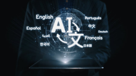 Global communication with multiple languages, digital translation tools, multilingual technology, cross-cultural communication, and virtual language learning environments. Elideの写真素材