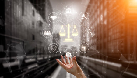 Justice system ensures legal governance and fairness. Justice system protects rights, system upholds laws, justice ensures order, and justice system delivers judgment. Vouchの写真素材