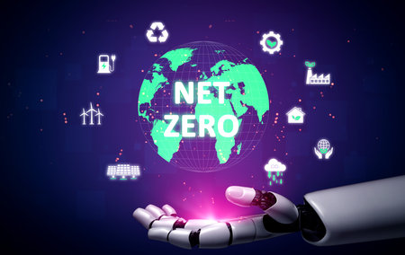 AI guides sustainability strategy with eco-intelligent tools and virtual assistants for achieving net zero goals and transforming digital business with green innovation. Vouchの写真素材