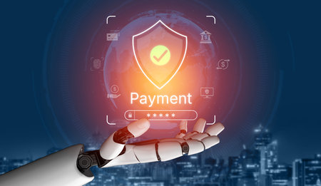 An AI assistant manages a secure payment system, protecting online financial transactions. This smart gateway uses advanced fraud detection to ensure every payment is safe.の写真素材