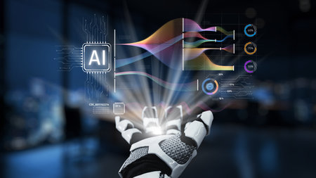 Innovative robotic hand showcases artificial intelligence data visualization in a futuristic digital landscape, emphasizing advanced technology and interactive metrics. Synapseの写真素材