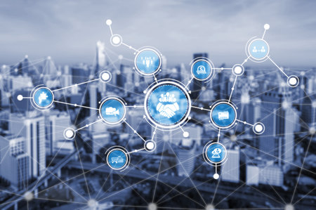 A striking visual of a digital connection network overlaying a city skyline, featuring technology...