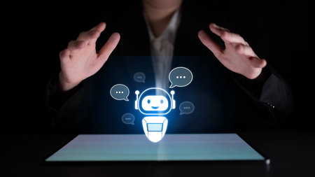 AI chatbot virtual assistant interacting with users through AI conversation bubbles, symbolizing AI...