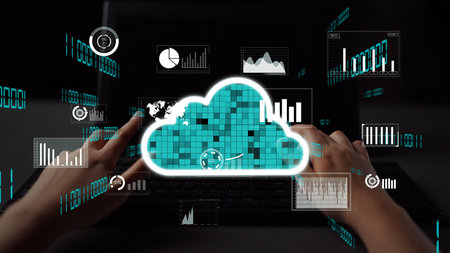 Digital cloud computing illustration showcasing hands on a laptop with data visualization, analytics...