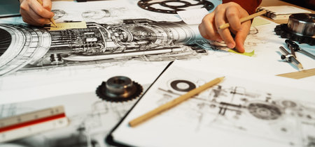 Engineers engage in a collaborative creative process, sketching and drafting intricate machinery designs using various tools and materials to visualize concepts.の写真素材