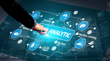 A futuristic representation of data analytics, featuring a hand reaching towards a digital interface...